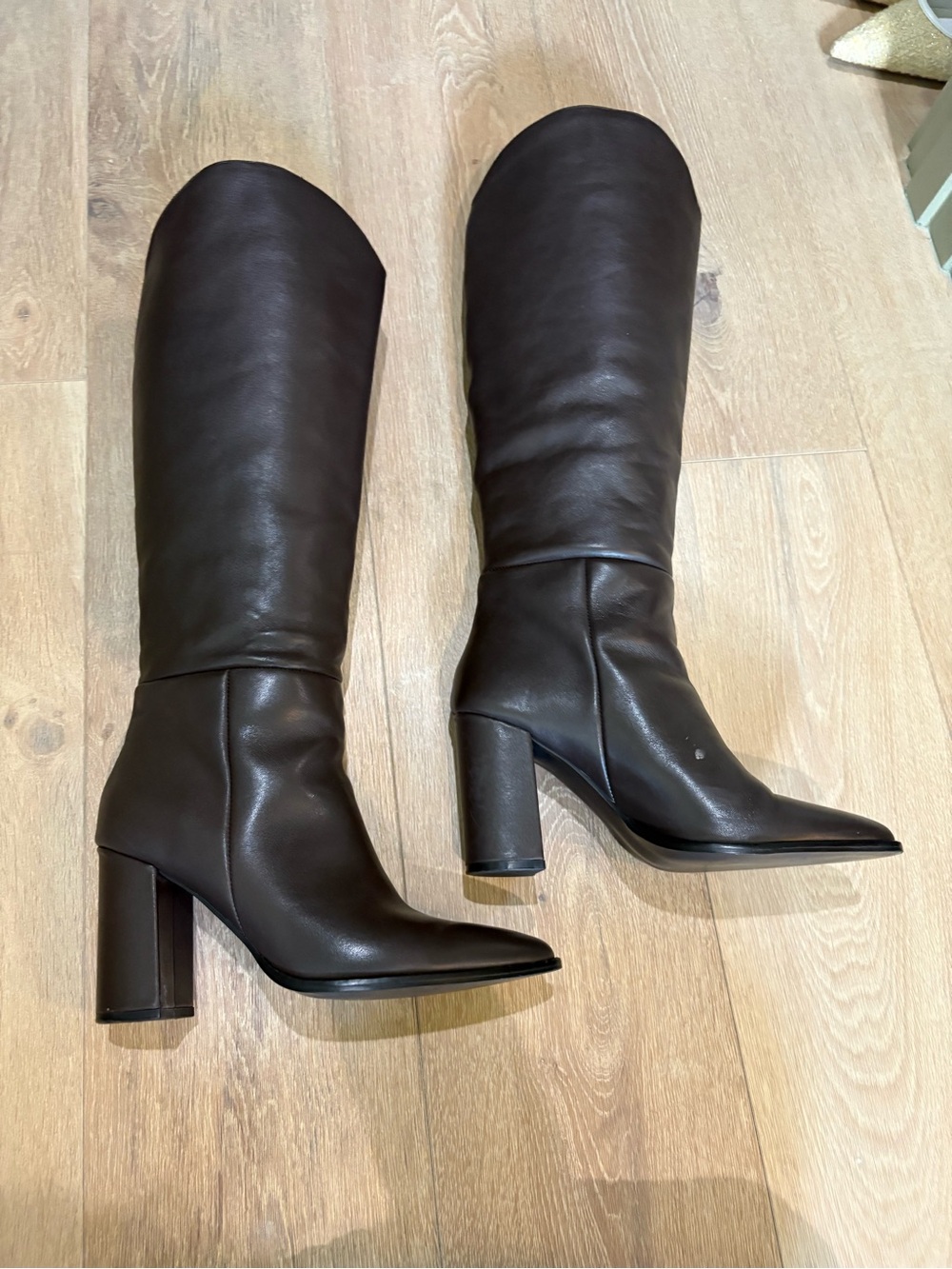 Dark Brown Leather Knee-High Block Heel Boots